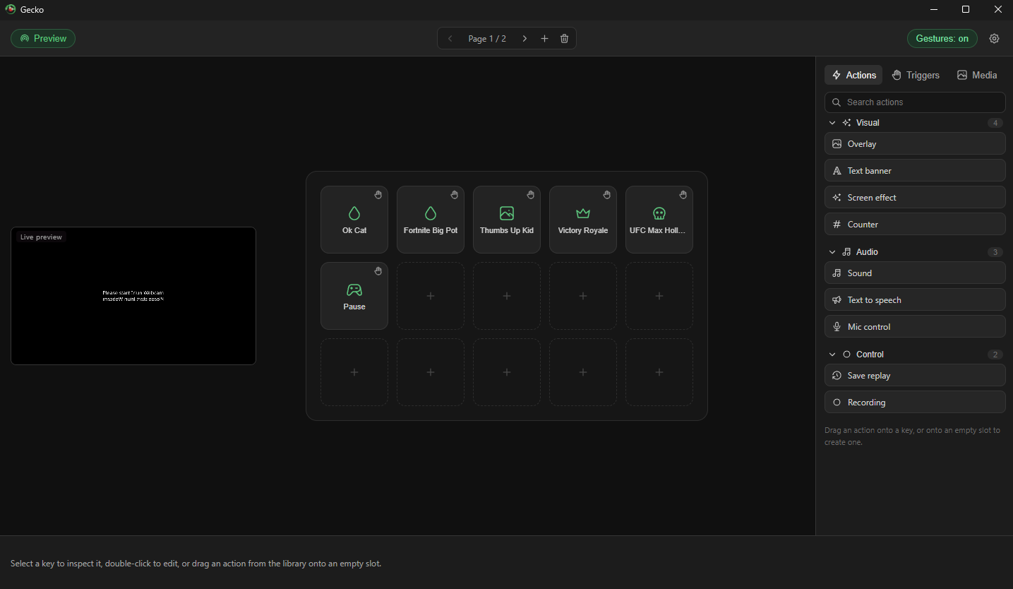 Gecko deck editor with a grid of keys and an action library
