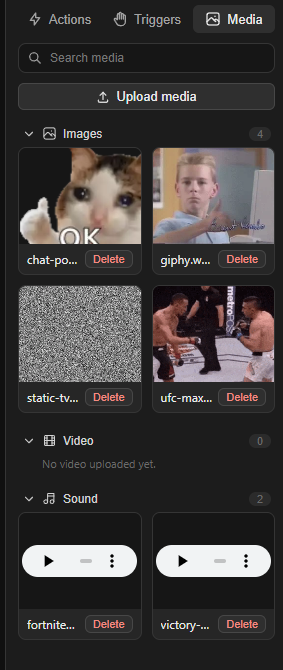 Gecko media library with uploaded GIFs, images, and sounds